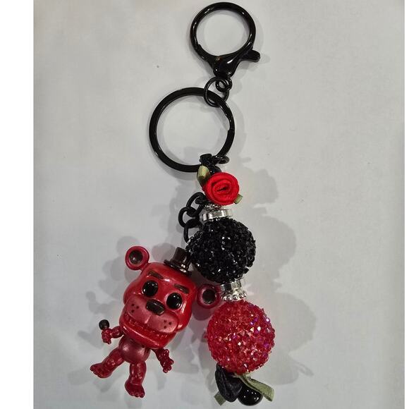 Handmade Reworked Red Bear Bag Charm Keychain - Picture 3 of 8